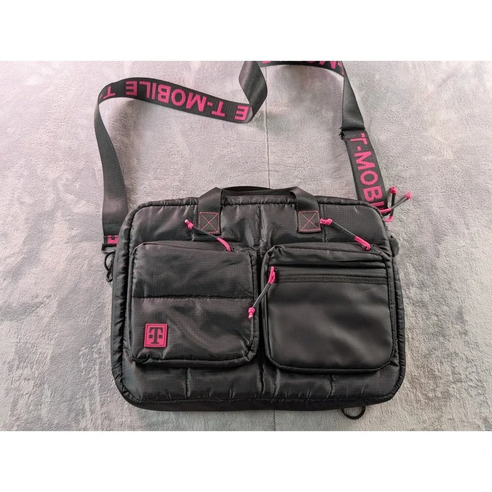 T-Mobile Branded Laptop Messenger Bag Black Magenta Quilted Ripstop Crossbody